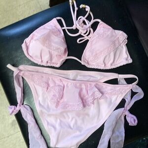 Pink Lace Trim Bikini Set